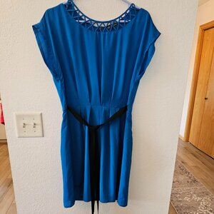 BeBop Womens Blue Dress XL, X Cutouts Round Neck Cap Sleeves Back Zip Sash Tie